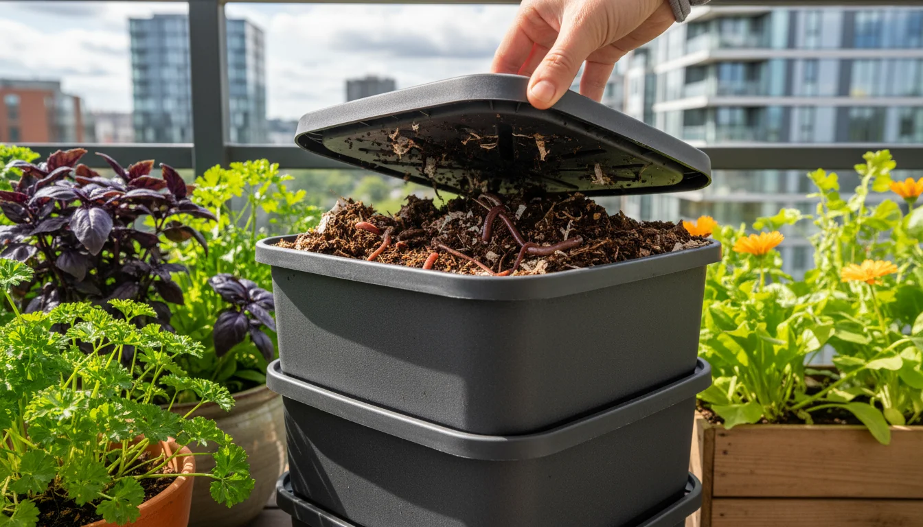 A hand gently lifts the lid of a compact, dark-toned worm composting bin on a small balcony, showing worms and damp bedding among lush container plant