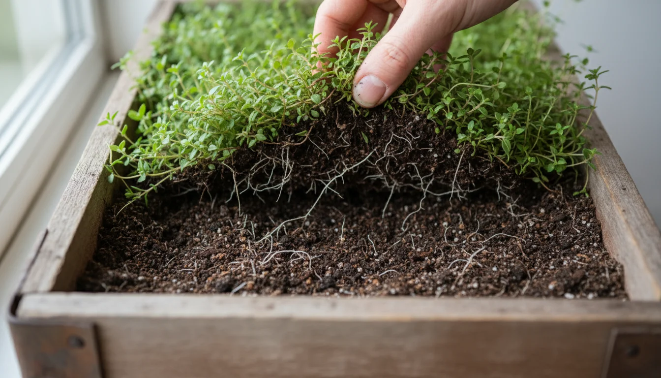 Hand gently lifts living mulch in a large pot, revealing dark, crumbly, healthy soil with fine roots.