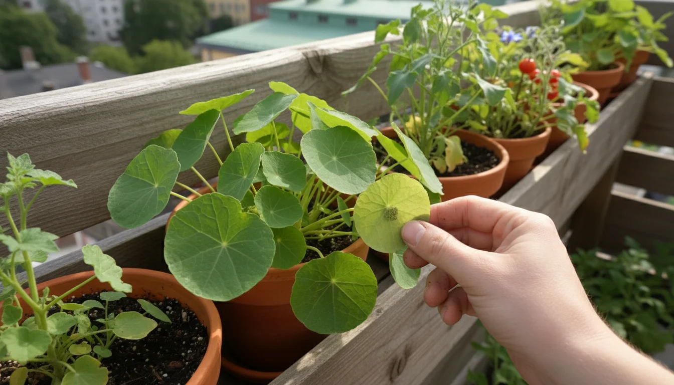 A hand gently lifts a nasturtium leaf in a balcony garden, revealing early signs of tiny pests on the underside.