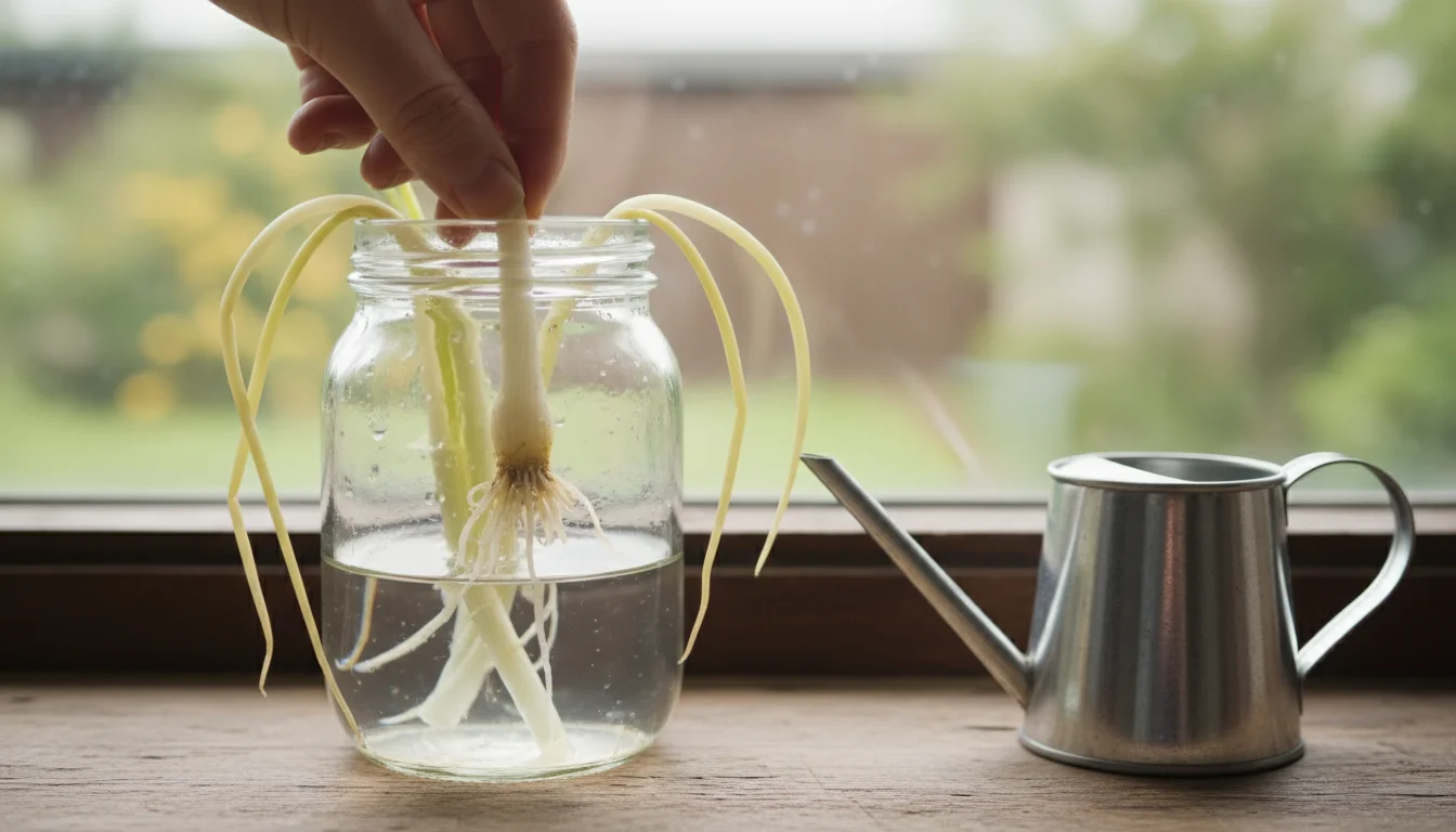 A hand lifts a pale green onion scrap with a discolored, slimy base from a jar. Other shoots in the jar are yellow and bending on a dim windowsill.