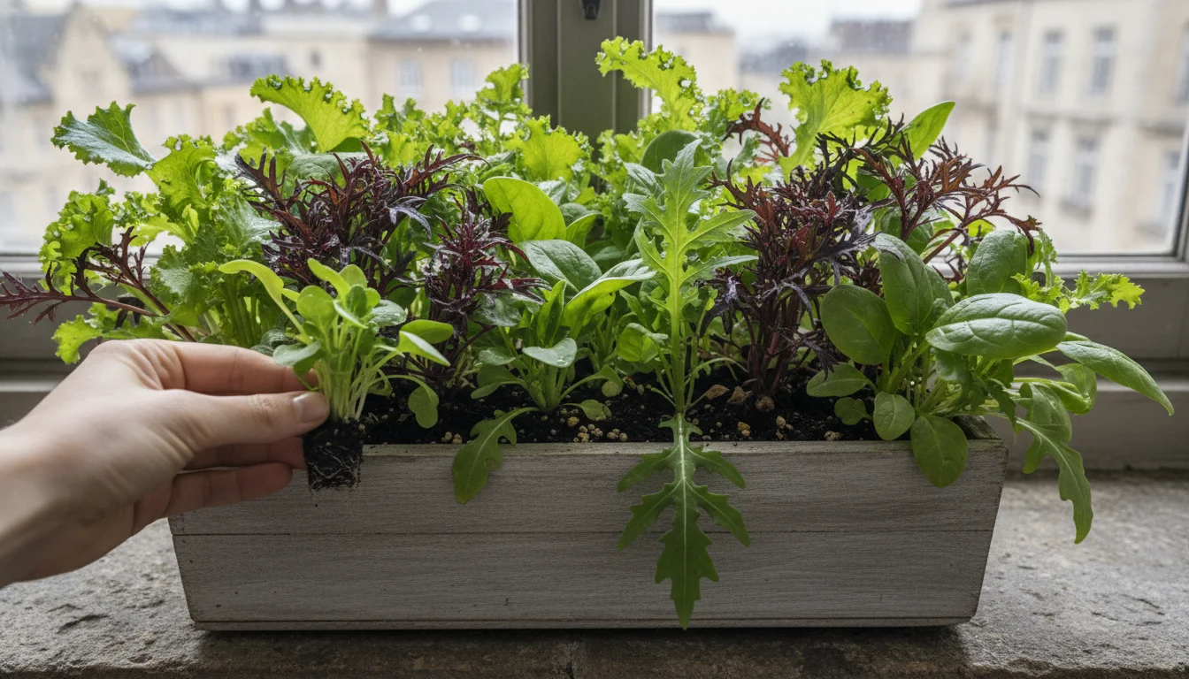 A hand gently lifts small, bright green leaves in a window box, with larger, dark green leaves growing nearby, showcasing different harvest stages.