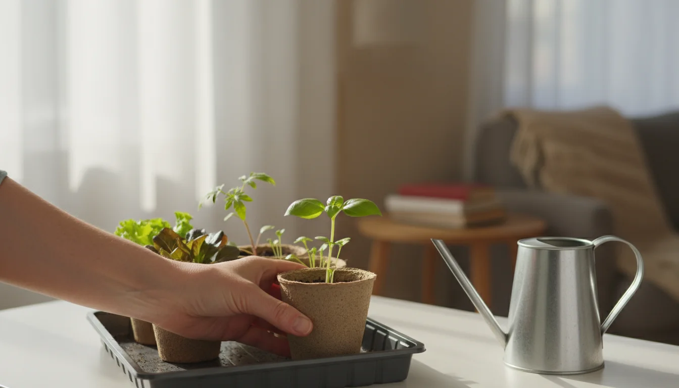 A hand gently lifts a small pot of basil seedlings on a windowsill, surrounded by other young plant sprouts and a watering can.