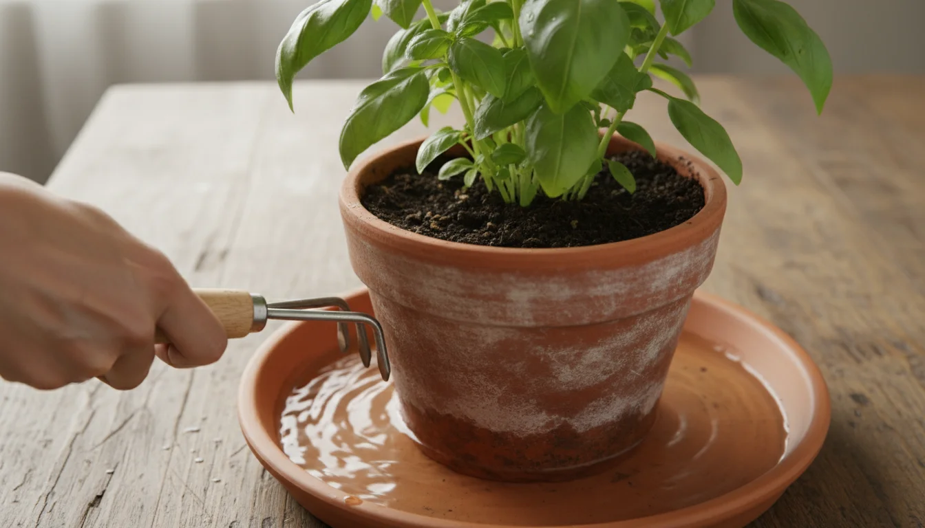 A hand gently loosens the soil of a basil plant in a terracotta pot that is bottom-watering in a saucer on a wooden balcony.