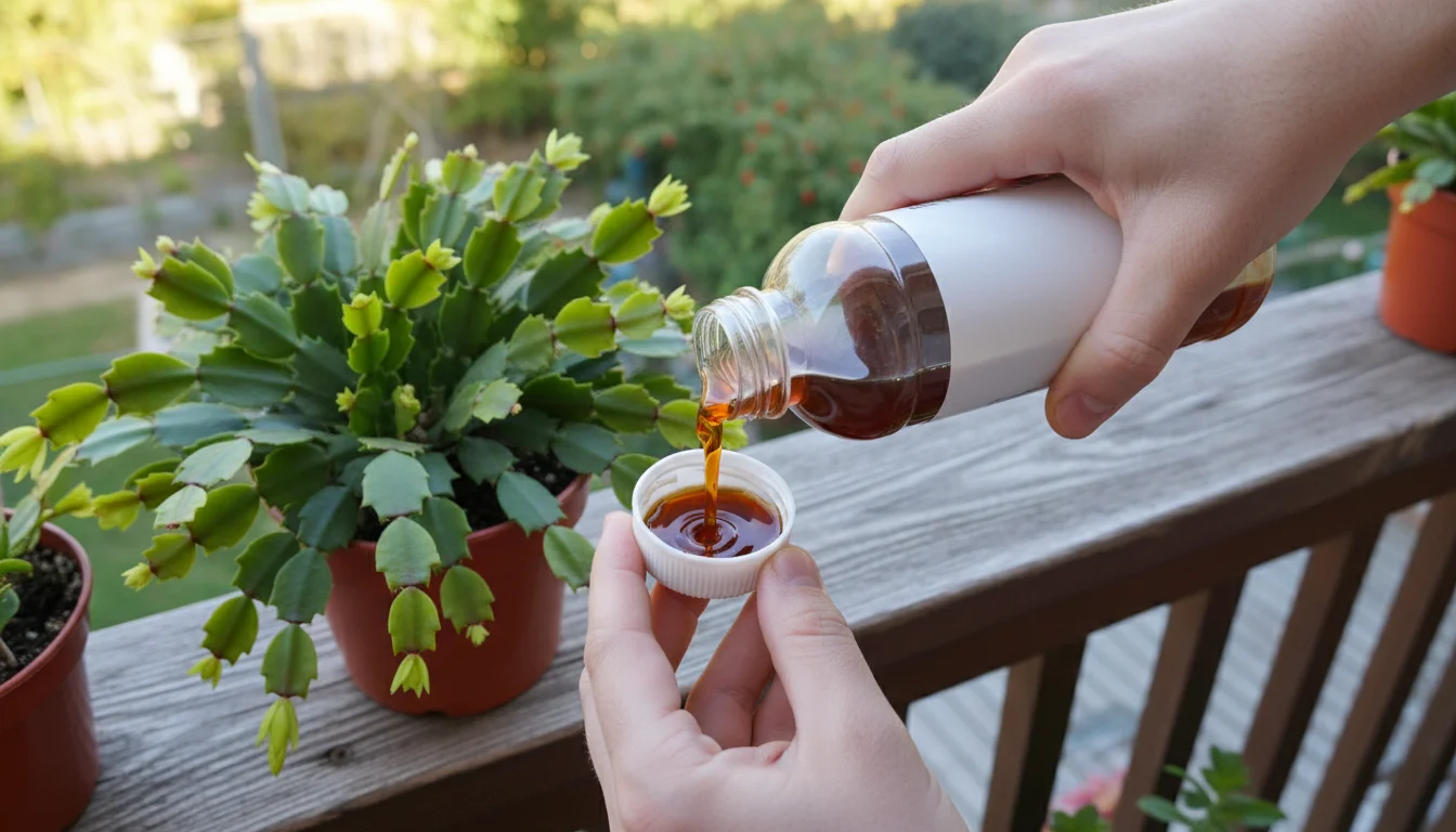 A hand measures liquid fertilizer concentrate into a cap on a wooden balcony railing, with a potted Christmas cactus in the background.