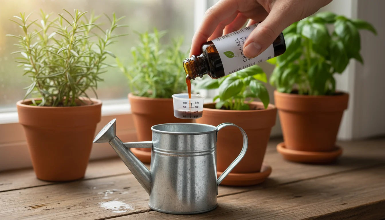 A hand measures organic liquid fertilizer into a watering can, with potted herbs in a blurred background on a windowsill.
