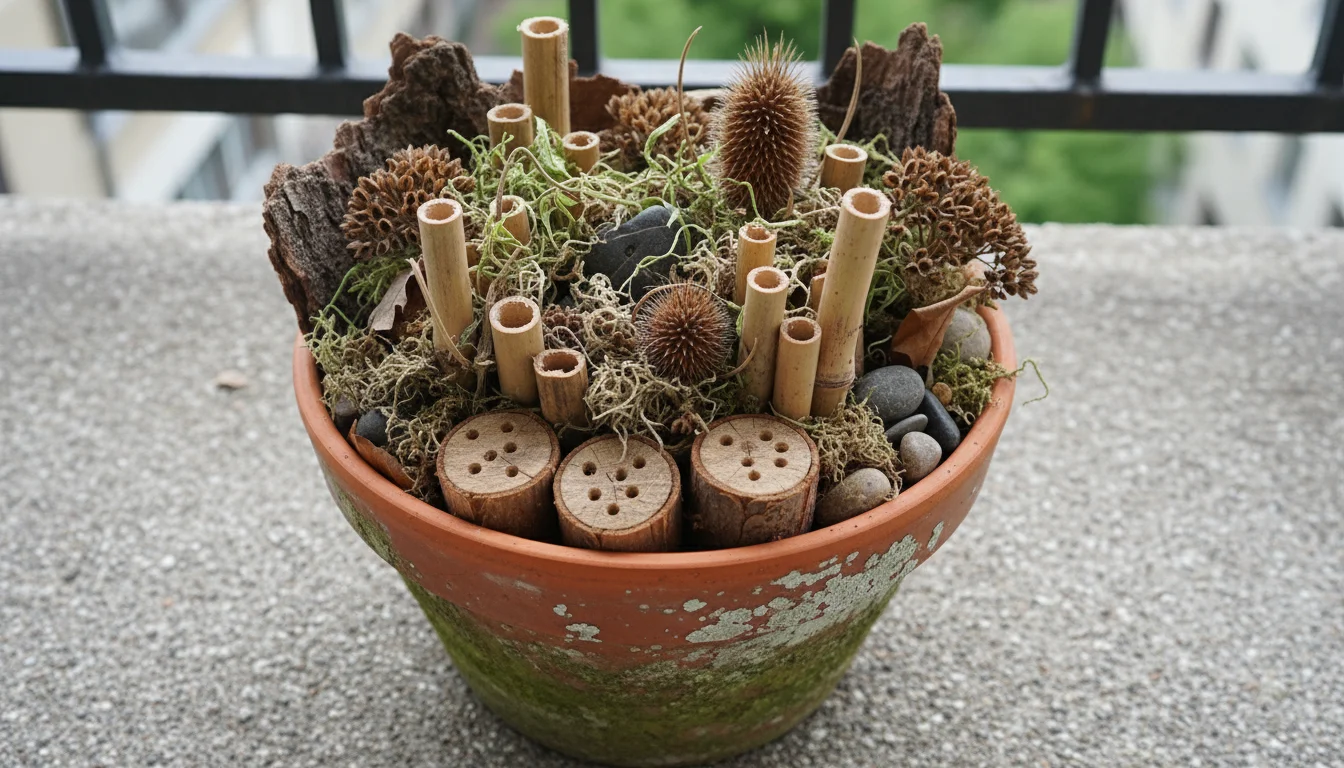 Close-up of a hand meticulously arranging dried stems, small logs, pinecones, and grass into a terracotta pot on a balcony for an insect shelter.