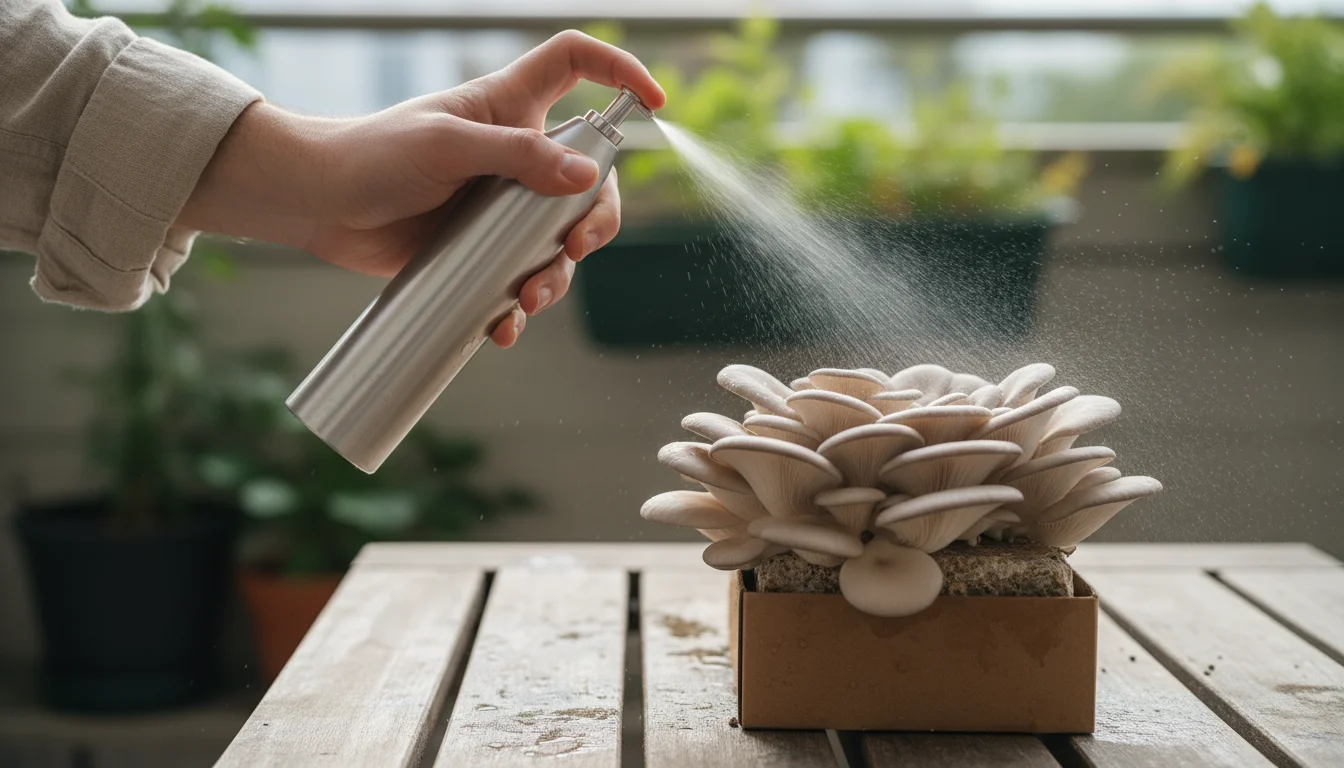 Close-up of a hand gently misting grey oyster mushrooms on a balcony, with a blurred digital hygrometer showing humidity.