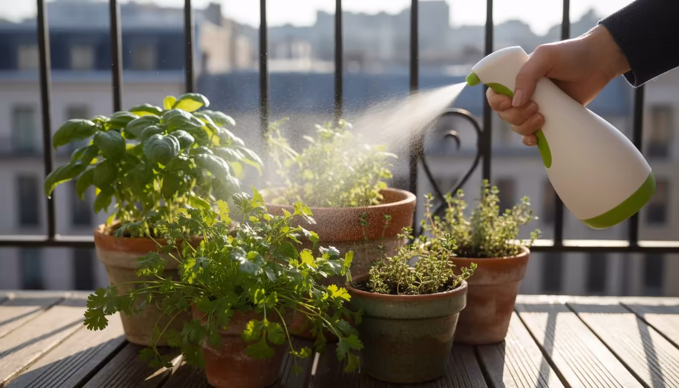 Close-up of a hand misting a grouped collection of container herbs, including cilantro, on an urban balcony in morning light.