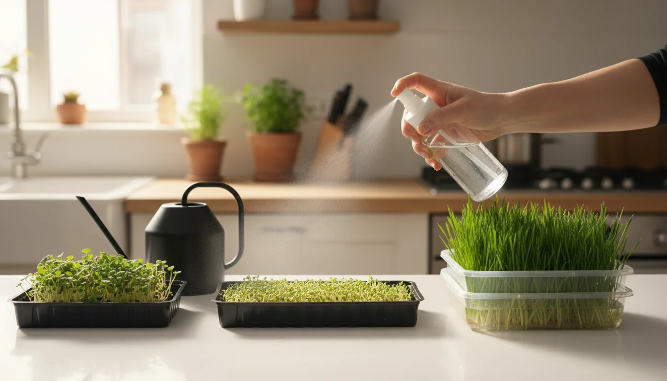 A hand gently mists germinating microgreens with a spray bottle, alongside a small watering can and a tray of microgreens bottom watering on a bright