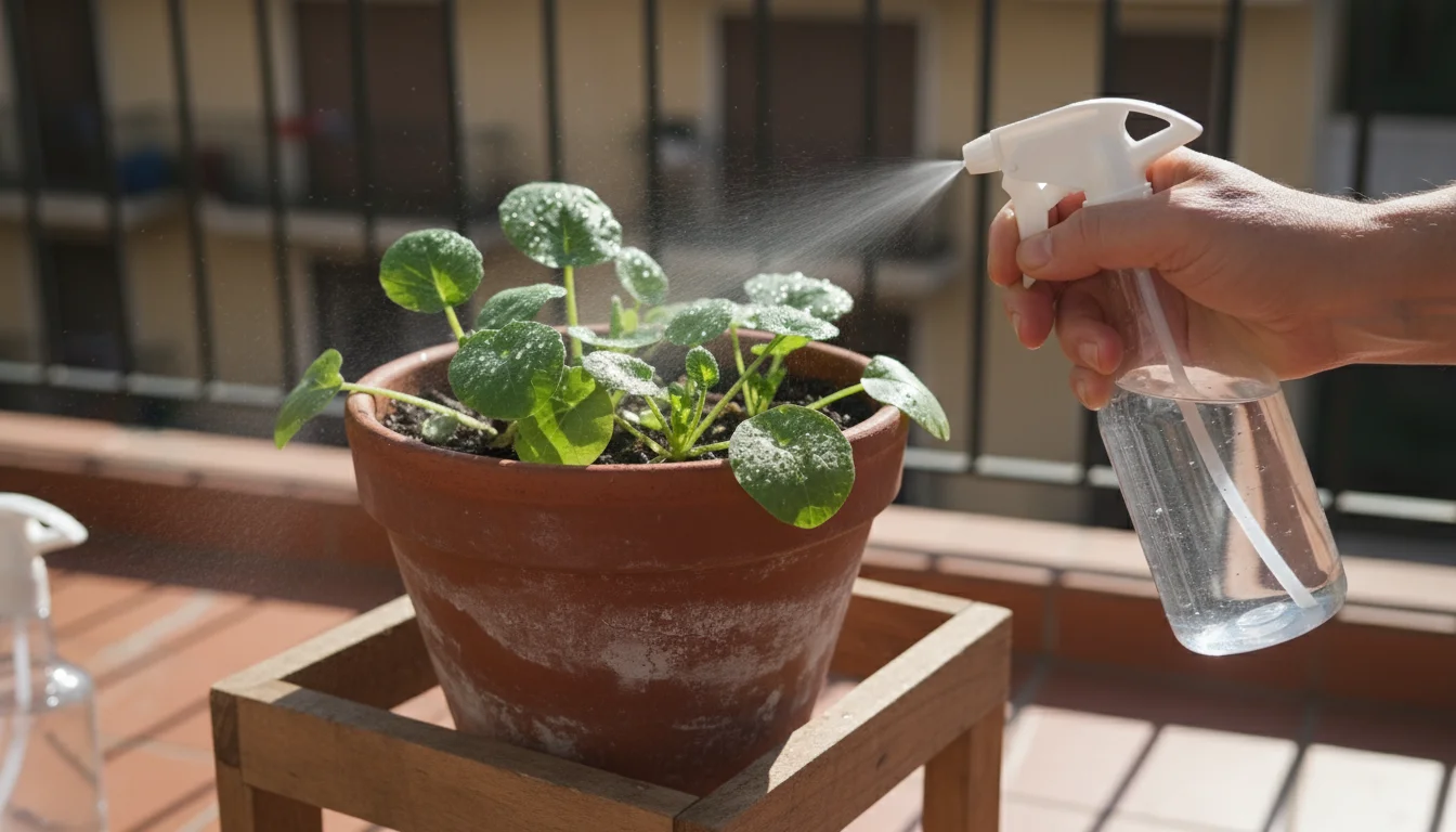 A hand gently mists healthy green turnip leaves in a terracotta pot on a sunny balcony, showing attentive plant care.