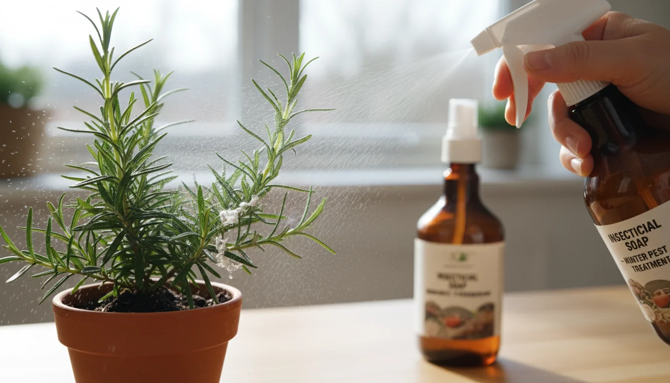 A hand mists an isolated potted rosemary plant with fine white fuzzy patches on its stem, on a kitchen counter.