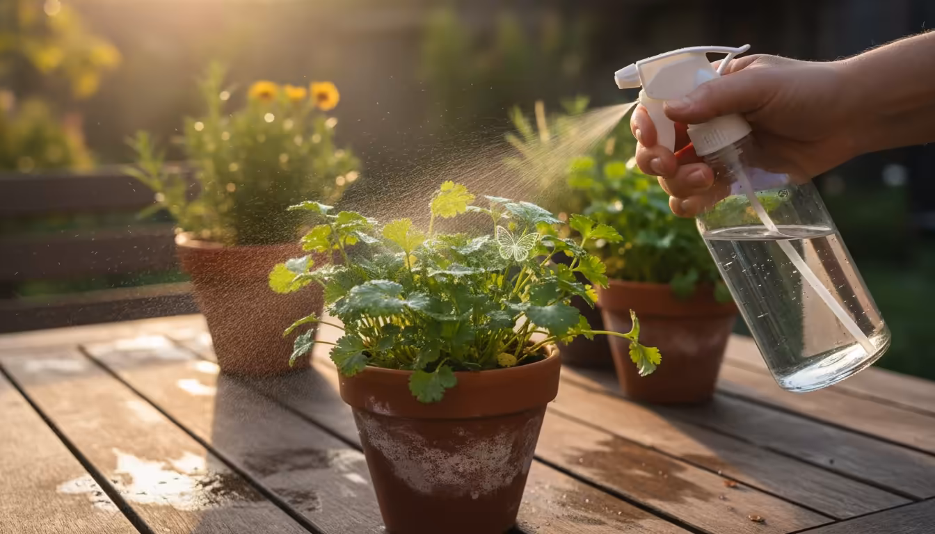 A hand gently mists a potted cilantro plant with a spray bottle on a sunlit patio table, showing subtle signs of pests on its leaves.