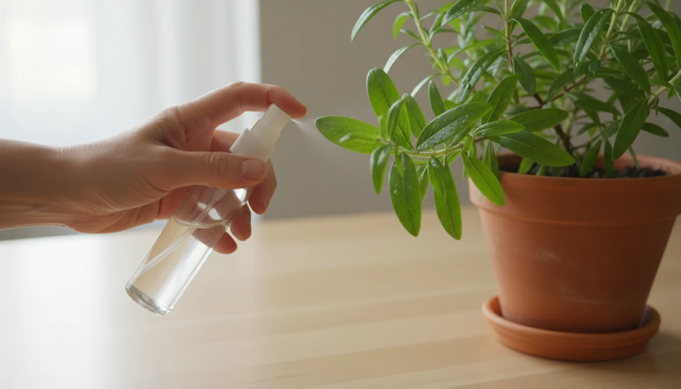 A hand gently mists the underside of a vibrant green rosemary plant leaf in a terracotta pot with a spray bottle, inspecting for pests.