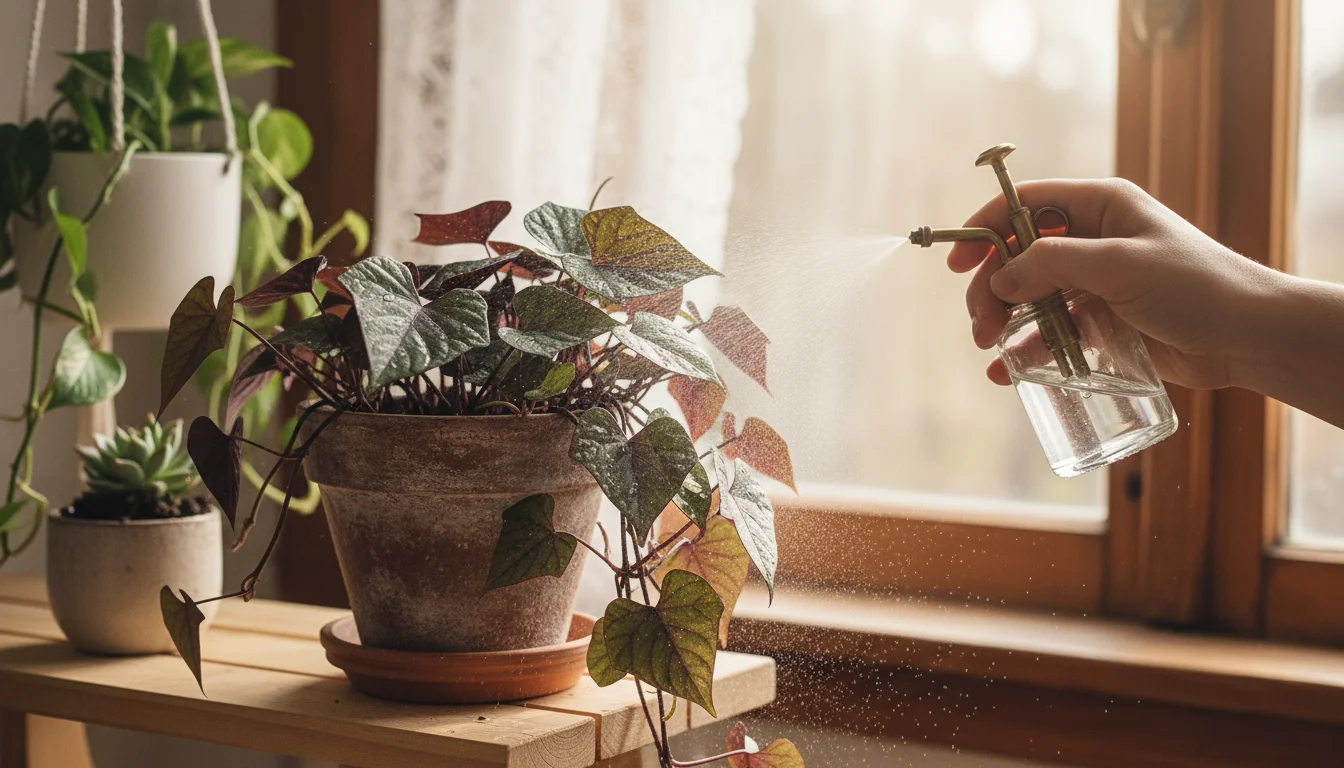 A hand mists the vibrant green leaves of a sweet potato vine in a pot, with glistening water droplets visible. Other houseplants are grouped nearby.