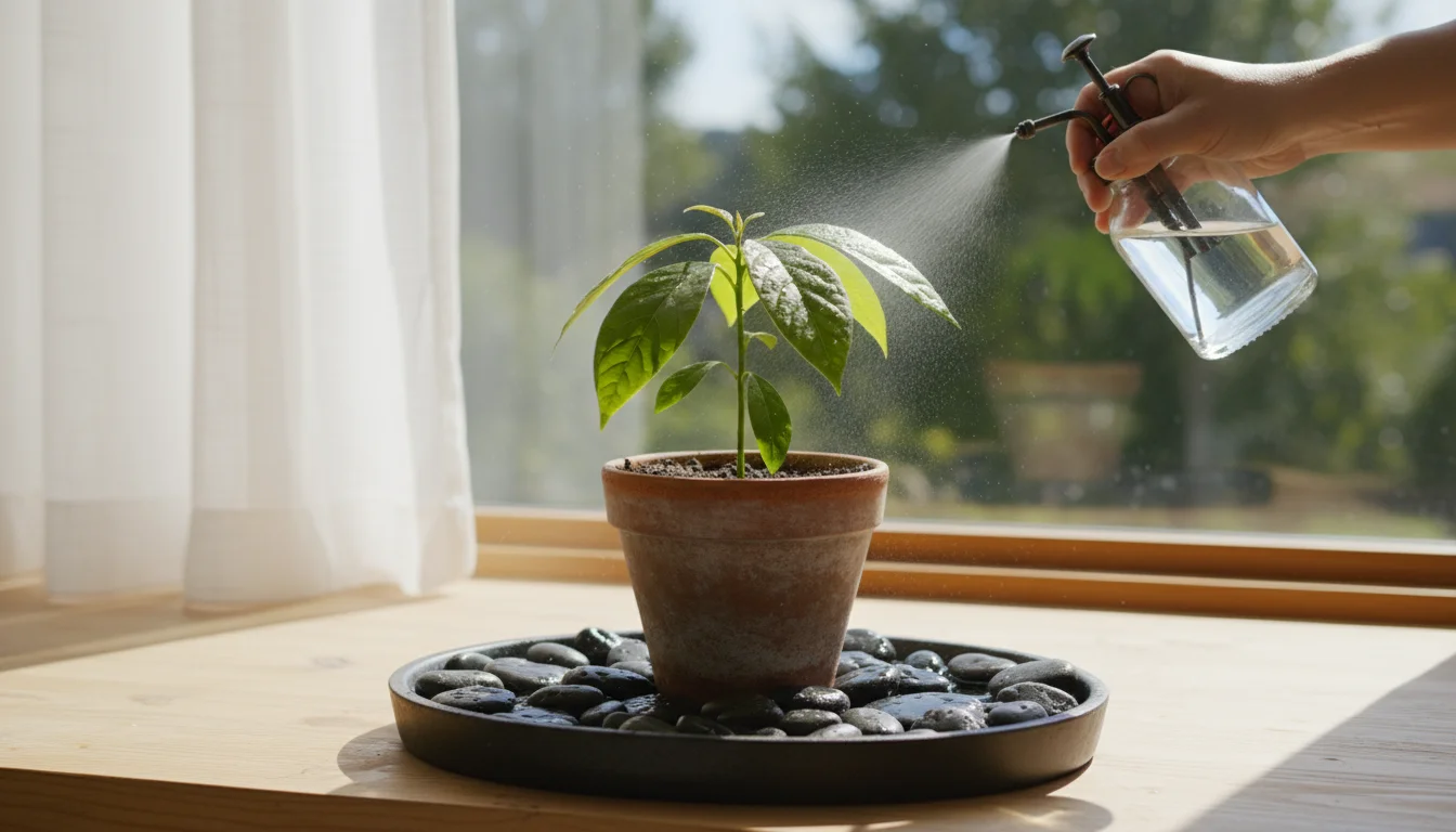 A hand gently mists a young avocado plant in a terracotta pot sitting on a pebble tray with water on a wooden windowsill.
