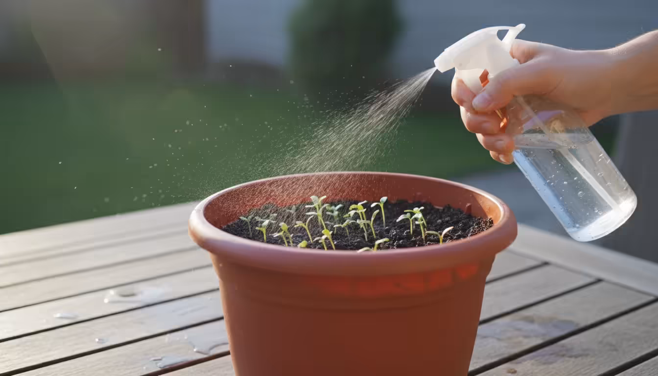 A hand gently mists very young, bright green micro-tomato seedlings in a one-gallon terracotta-style pot with a spray bottle.