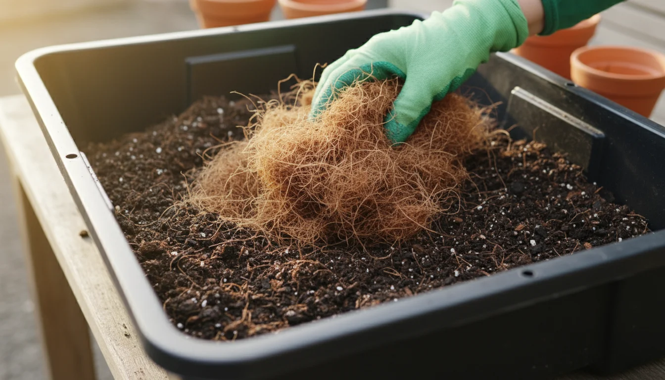 Close-up of a hand mixing fluffy coco coir into dark potting soil in a black plastic bin on a balcony, sunlit.
