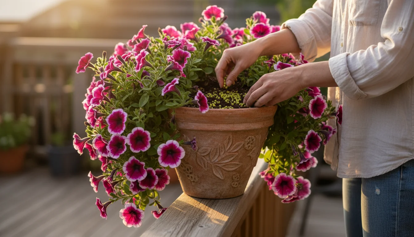 Close-up of a hand mixing polymer-coated slow-release fertilizer granules into a vibrant petunia's soil in a terracotta pot on a sunlit patio.