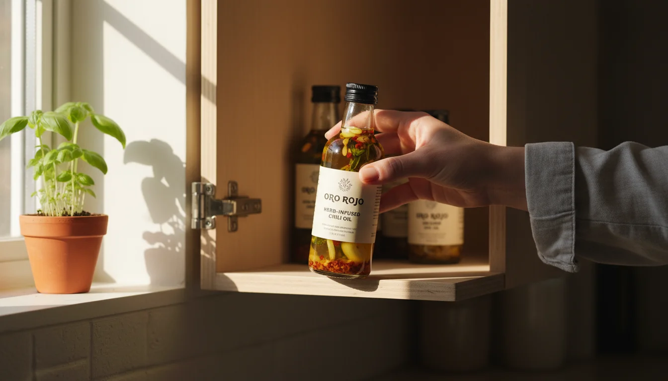 A hand moves a bottle of herb-infused chili oil from a sunlit windowsill to a shaded kitchen counter, with potted herbs nearby.