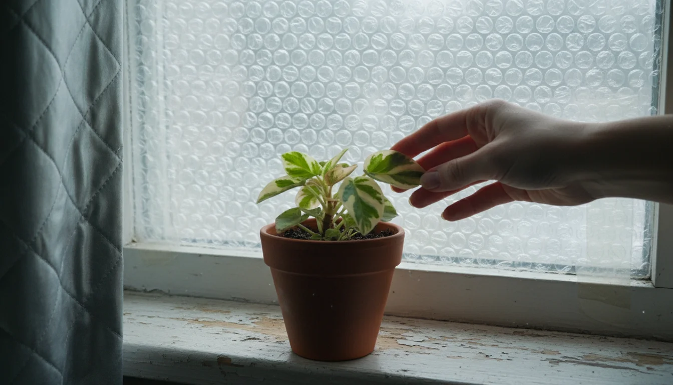 A hand near a small variegated peperomia plant on a windowsill, with bubble wrap covering the window pane for insulation.
