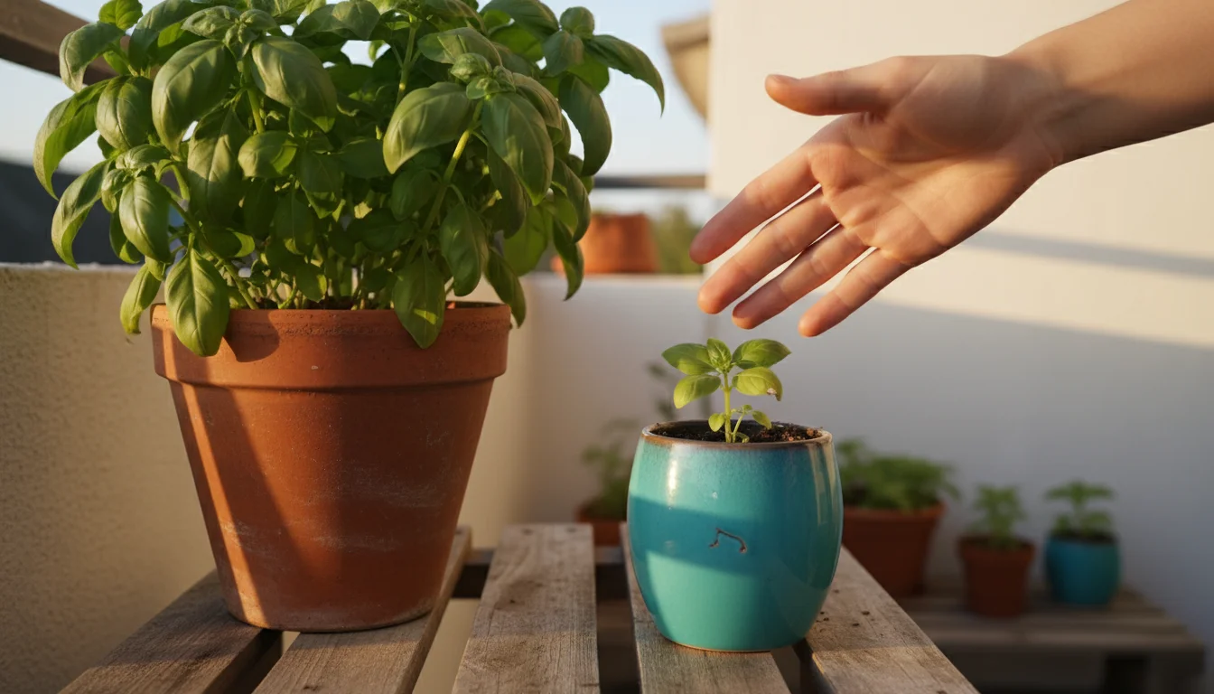 A hand observes basil plants on a patio shelf; one is healthy, another shows subtle yellowing and a tiny nibble, hinting at common gardening questions