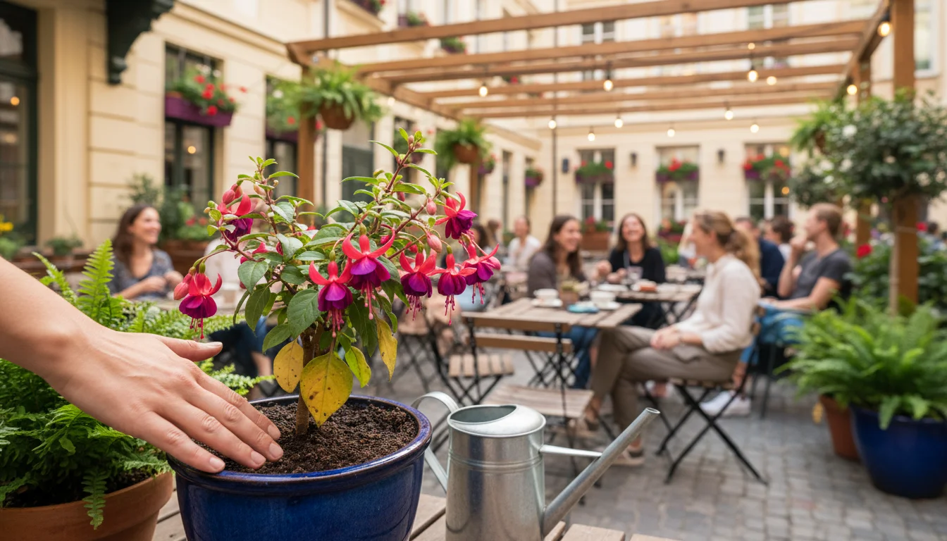 A hand observes a fuchsia plant with yellowed, drooping leaves in a blue pot on a small urban patio, indicating watering issues.