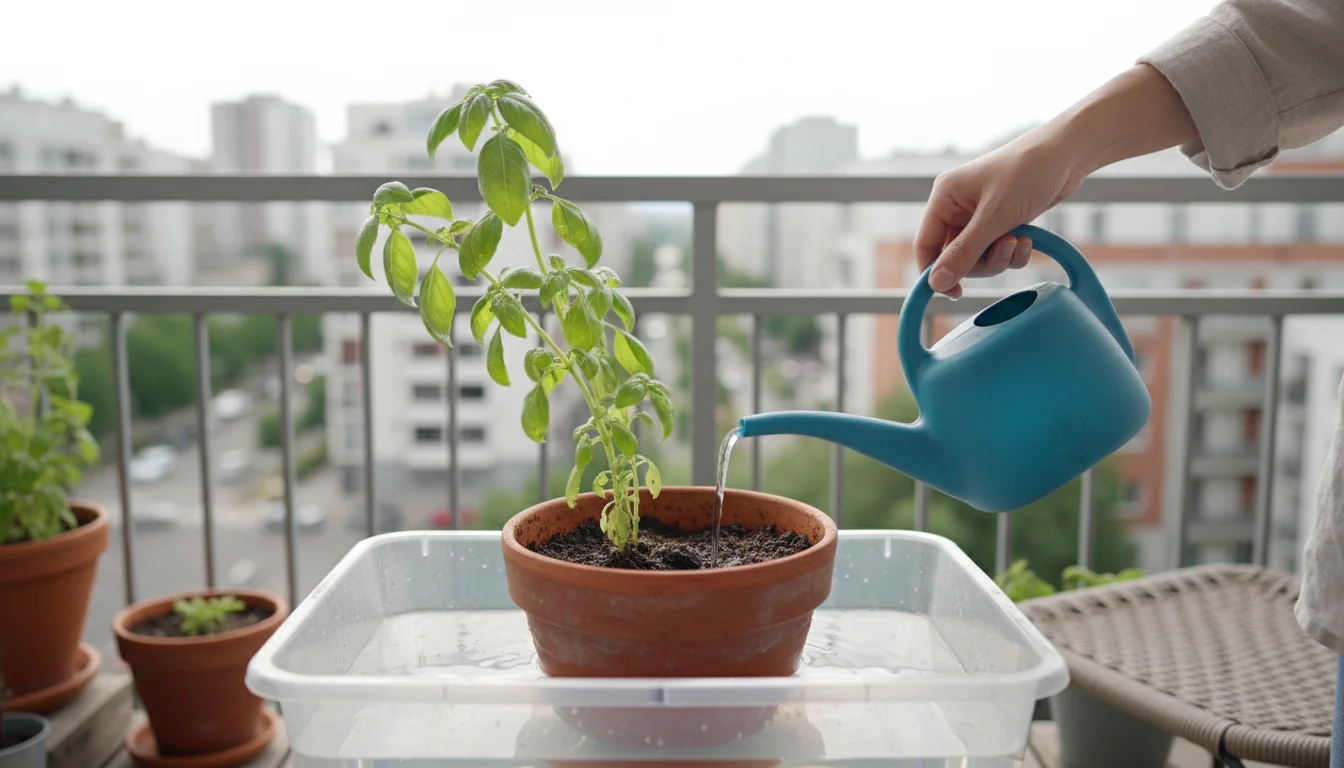 A hand observes a slightly wilted potted basil plant bottom-watering in a clear basin on an urban balcony, soil absorbing water.