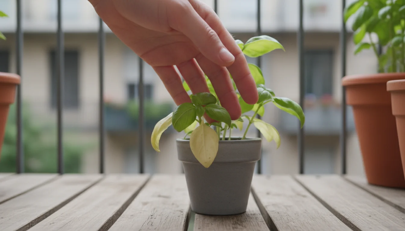 Hand observing subtly yellowing, limp lower leaves of a potted basil plant on a balcony, an early sign of overwatering.