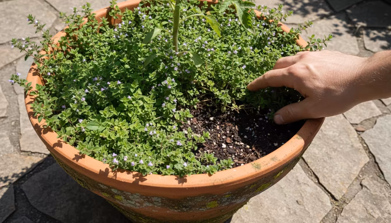 Close-up of a hand parting green living mulch in a terracotta pot, revealing dry soil beneath a subtly yellowing and wilting plant.
