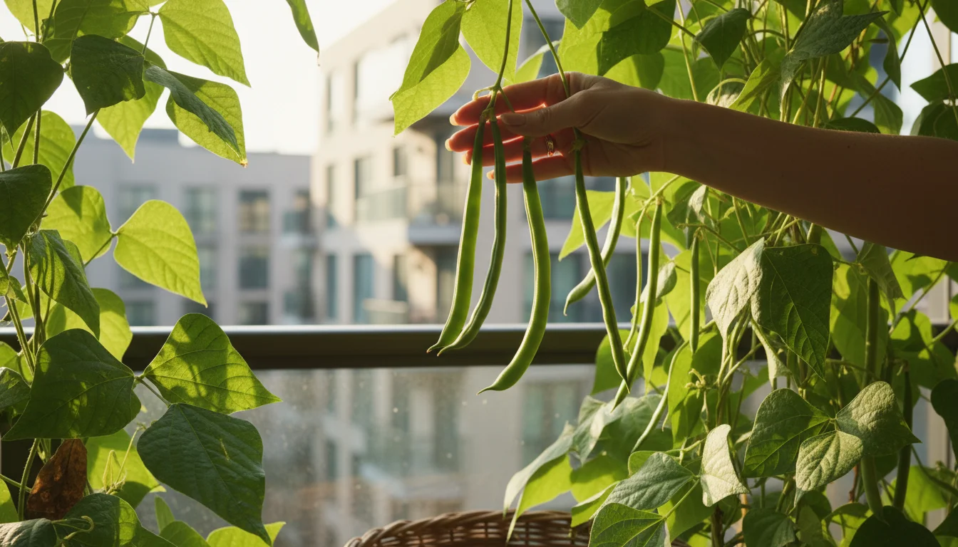 A hand gently parts dense vining bean foliage on a sunny balcony, revealing ripe green bean pods ready for harvest.