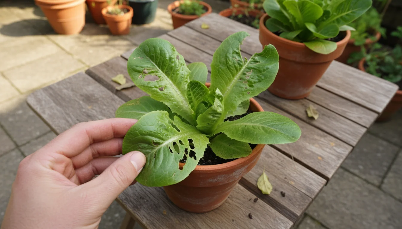 A hand parts lettuce leaves in a terracotta pot, revealing slug holes and a faint slime trail on an inner leaf.