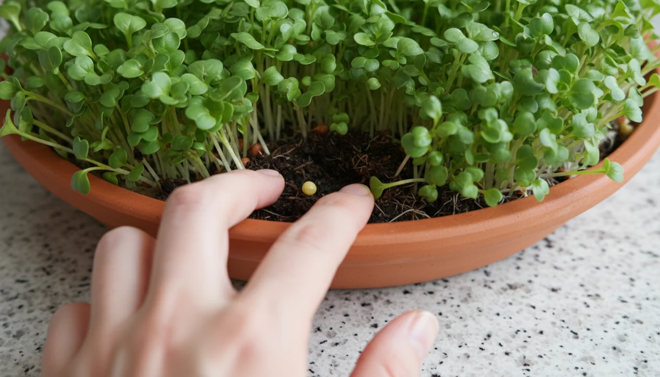 A hand gently parts vibrant green microgreen stems in a terracotta tray, revealing delicate white root hairs on the dark soil.