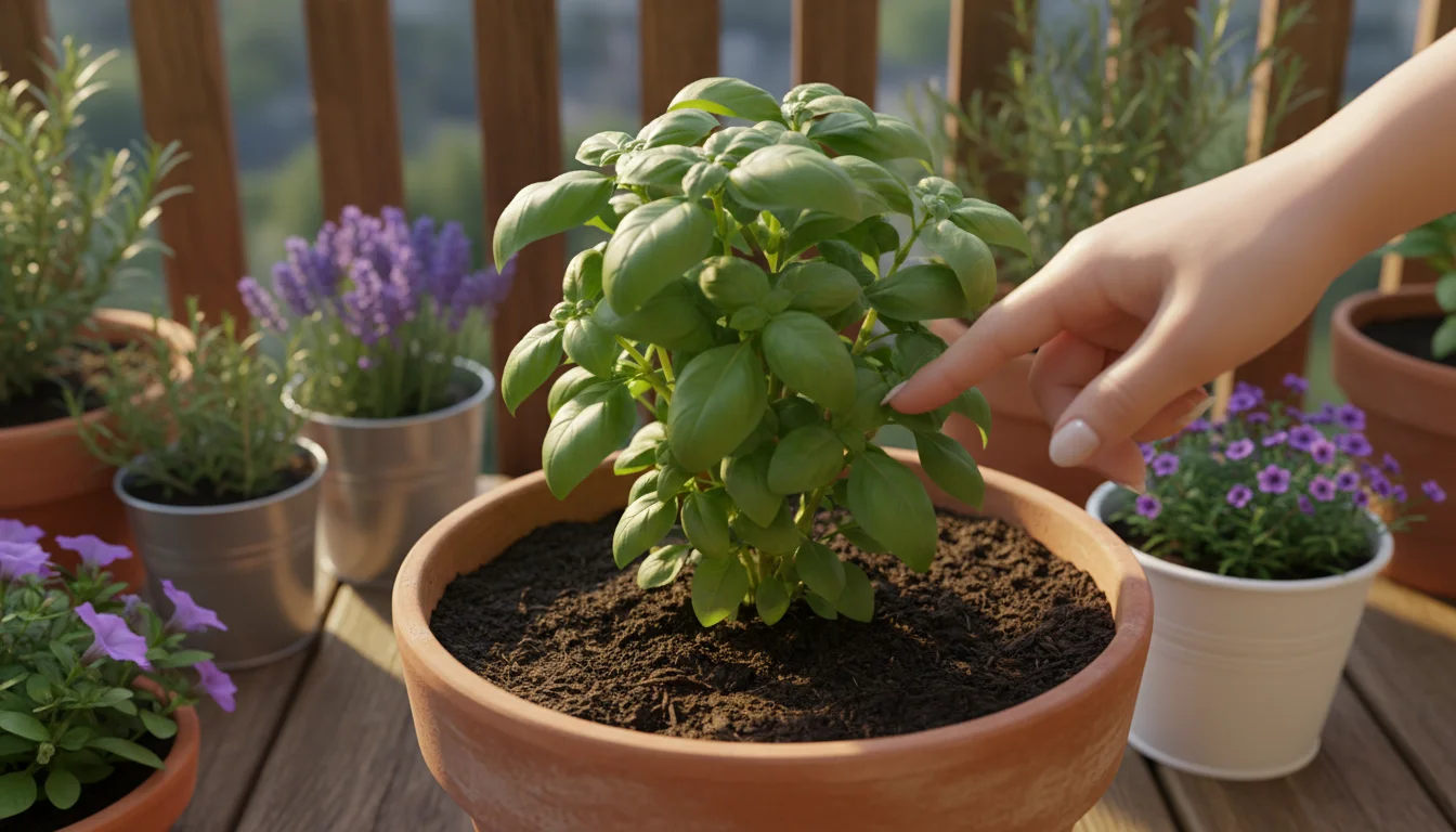 A hand performs the 'finger test' by gently touching the soil in a vibrant basil plant's terracotta pot on a sunny balcony, surrounded by other potted