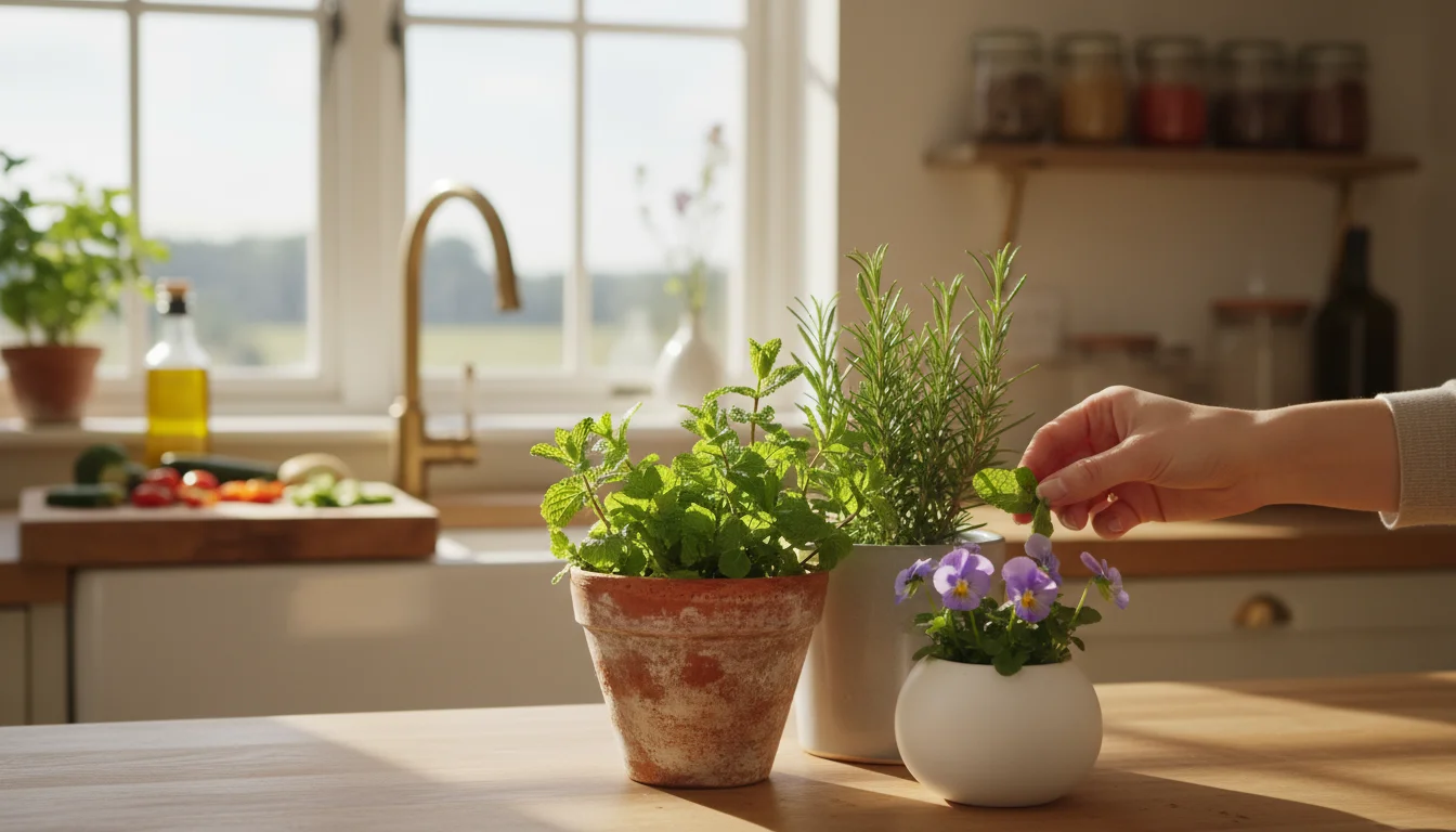 A hand gently picks a fresh mint sprig from an indoor collection of potted herbs and edible flowers on a sunlit kitchen counter.