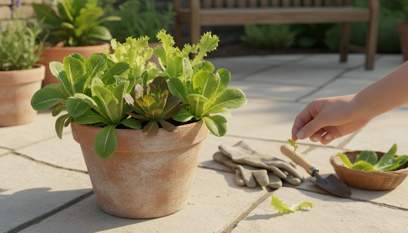 A hand gently picks a small yellow leaf from the clean patio surface next to a terracotta pot overflowing with healthy green lettuce.
