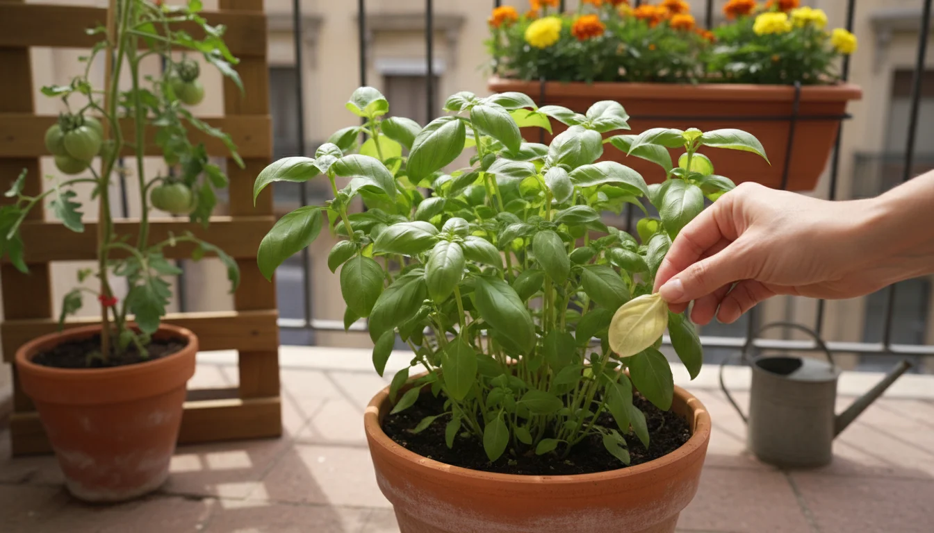 A hand gently pinches a yellowed leaf from a healthy basil plant in a terracotta pot on a sunlit balcony, surrounded by diverse thriving container gar