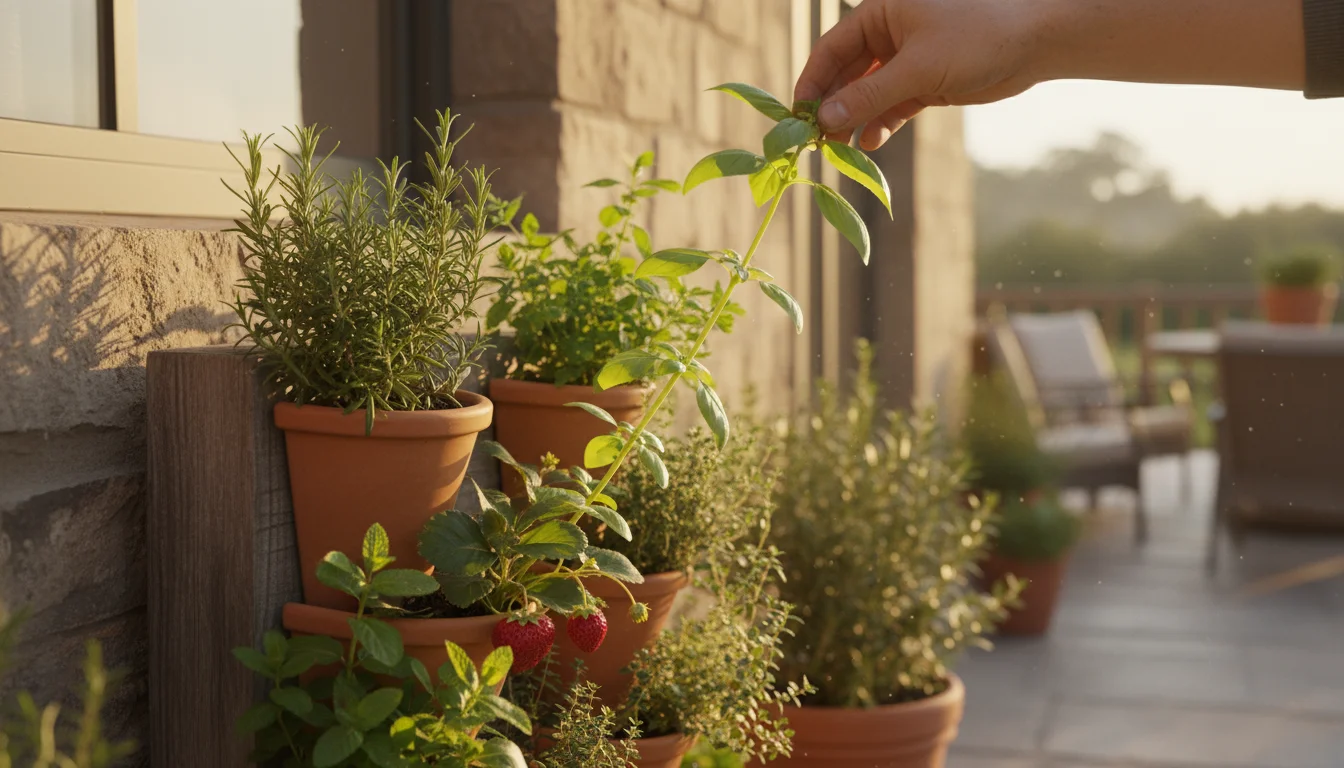 Hand gently pinching basil in a sun-drenched vertical garden planter, with lush herbs and ripe strawberries visible.