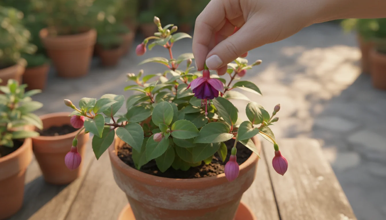 Close-up of a hand gently pinching off a spent fuchsia flower from a terracotta pot, surrounded by healthy leaves and new buds.