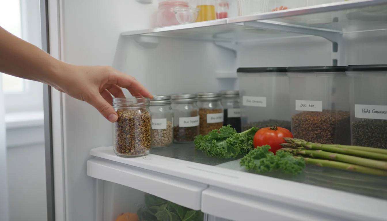 A hand places a clear jar of nasturtium seeds into a refrigerator crisper drawer with other labeled seed containers.