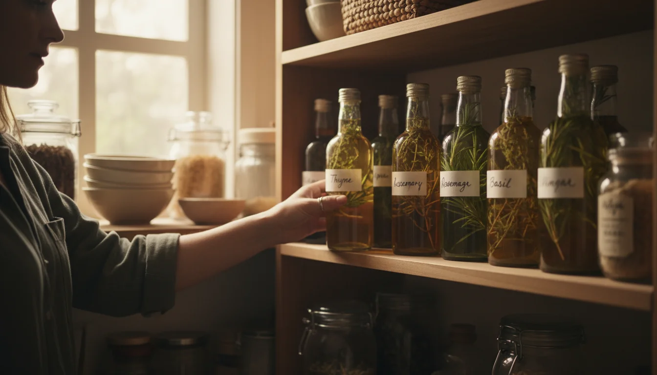 A hand places a labeled bottle of herb-infused vinegar onto a neatly organized, shaded pantry shelf with other bottles.