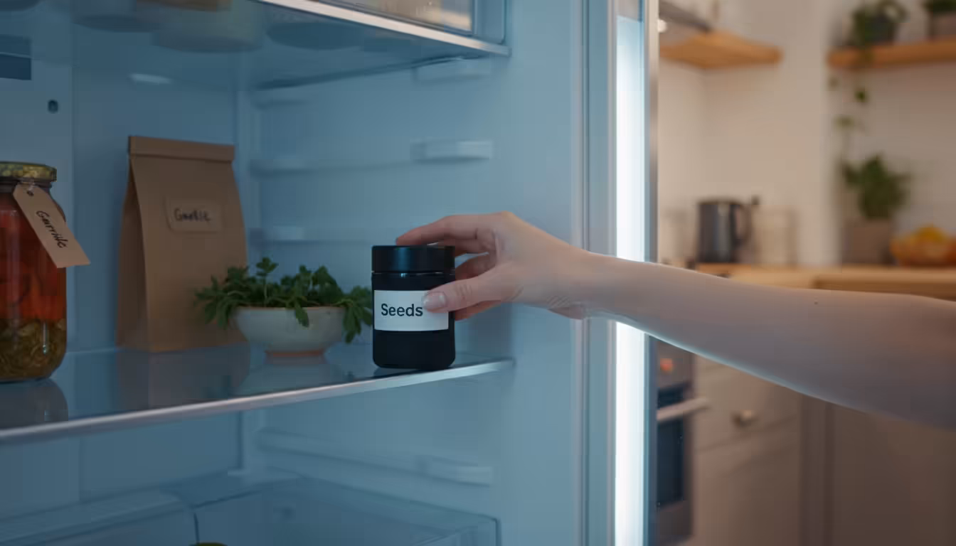 A hand places a labeled, opaque seed storage container into a clean refrigerator, ensuring cool, dark, and dry conditions.