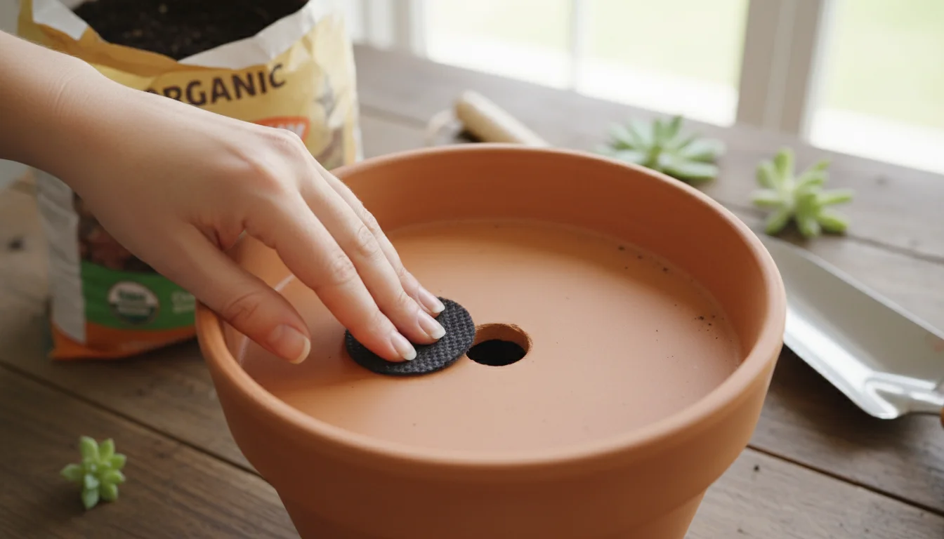 A hand places landscape fabric over a drainage hole inside a clean terracotta pot, with a bag of potting mix nearby.