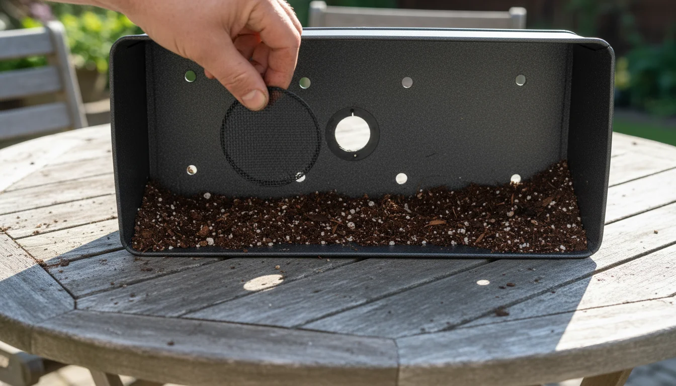 A hand places a mesh screen over a large drainage hole in the bottom of an empty window box. Potting mix and other smaller holes are visible.