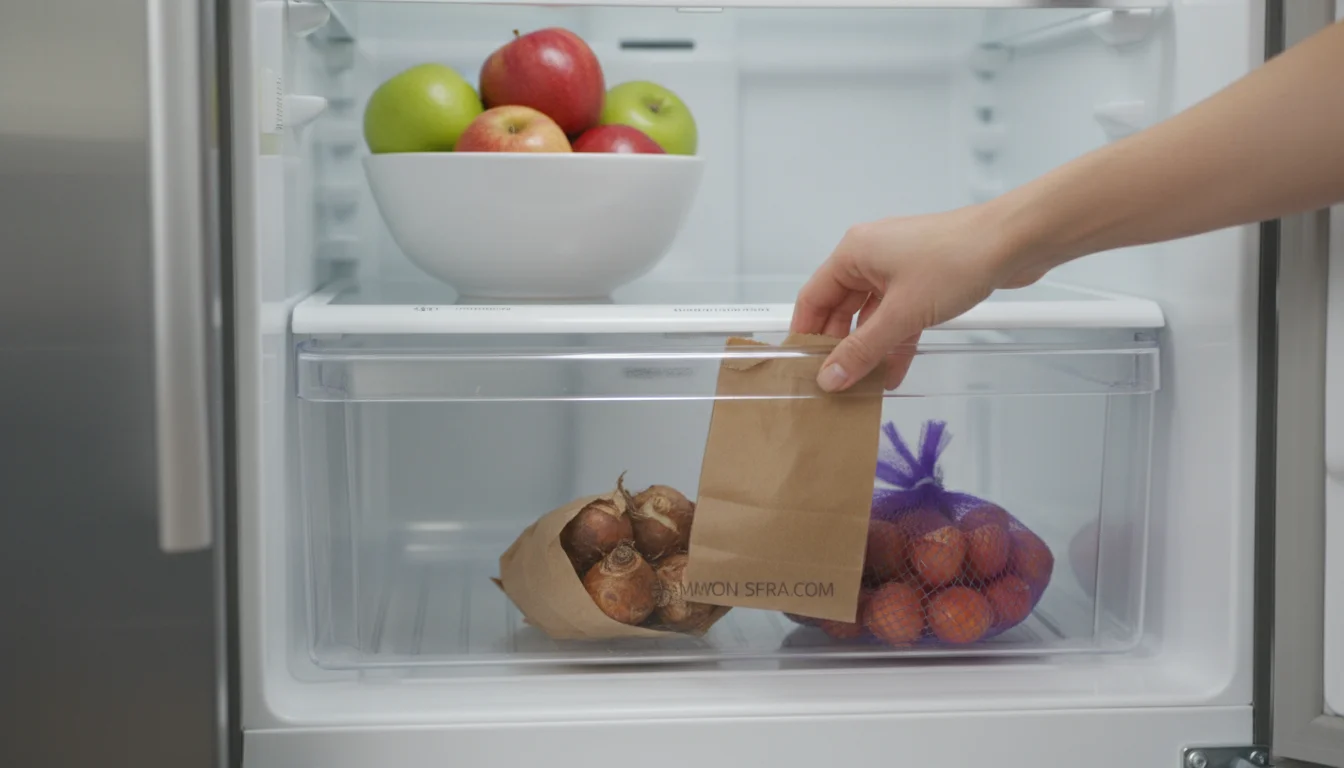 A hand places a paper bag of daffodil bulbs into a refrigerator crisper, alongside a mesh bag of tulip bulbs.