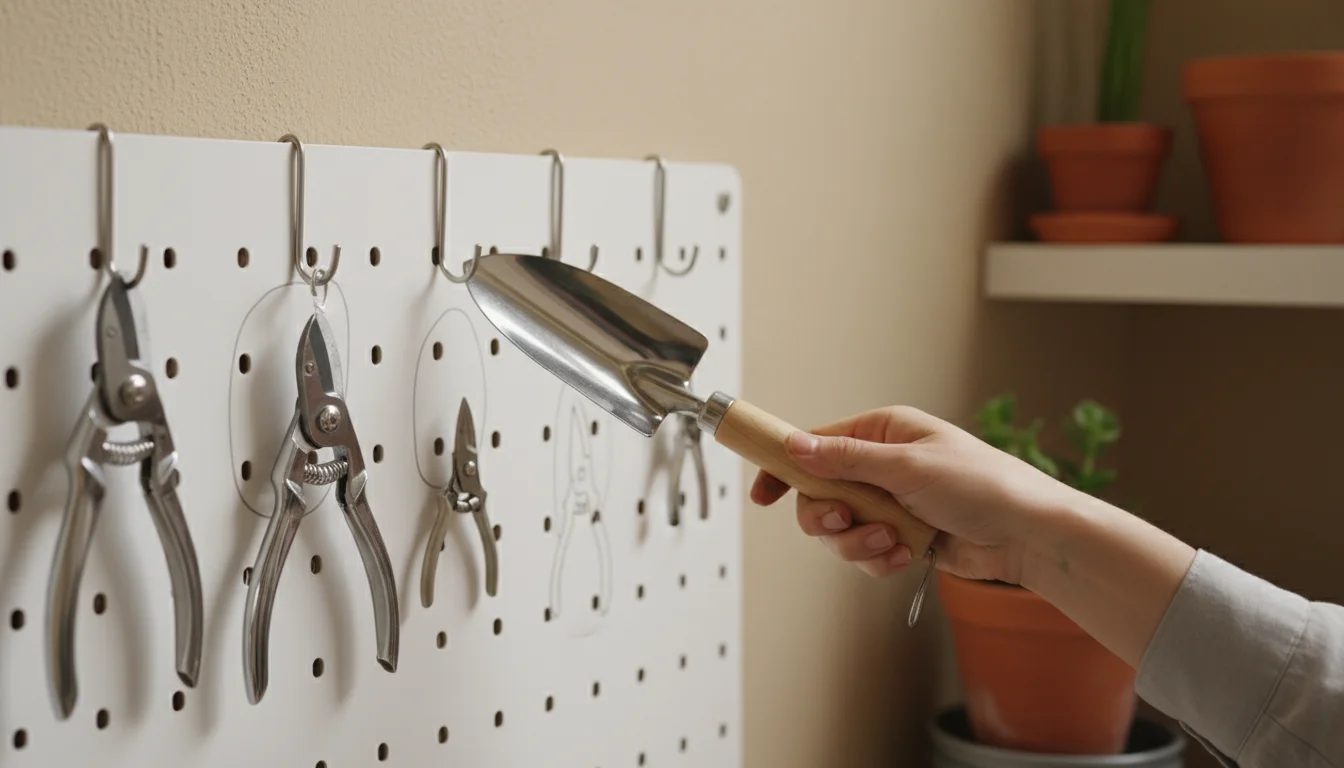 A hand placing a clean trowel on a white pegboard, neatly organized with small garden tools on a compact balcony wall.