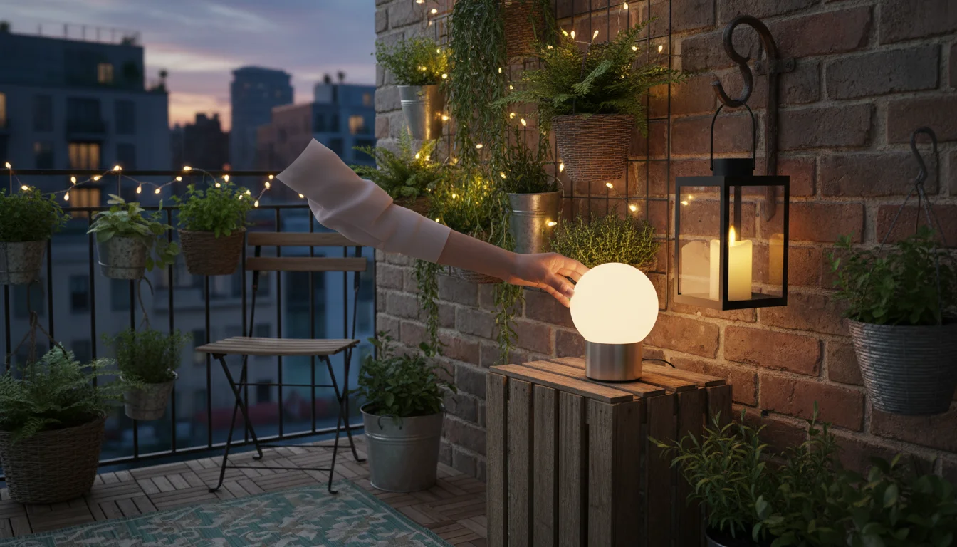 Hand placing a glowing battery-operated table lamp on a small balcony with a hanging lantern, fairy lights, and container plants at dusk.