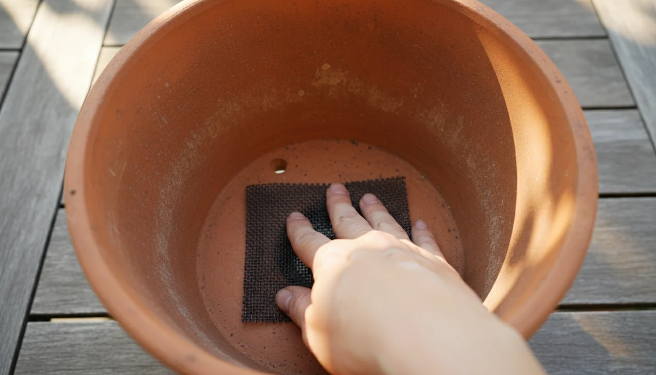 Close-up of a hand placing a mesh screen over a drainage hole inside a terracotta pot on a wooden table, with an unopened bag of gravel blurred in the