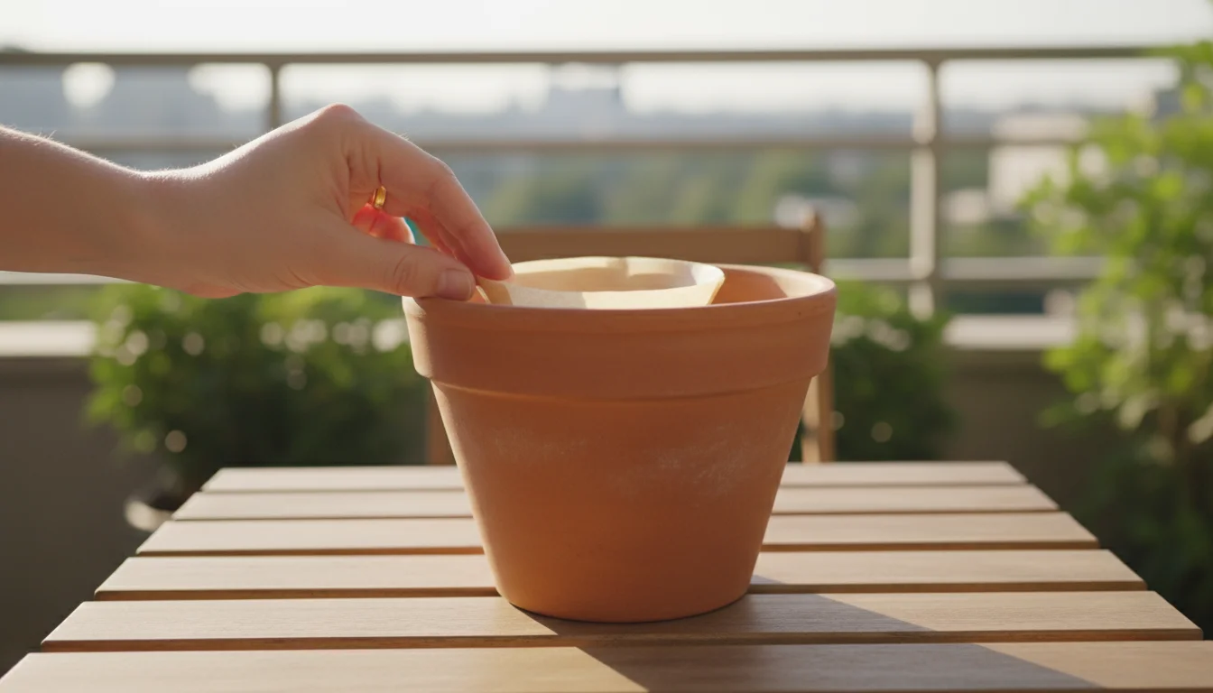 A hand placing a round coffee filter over the drainage hole inside an empty terracotta pot on a wooden surface, preparing for planting.