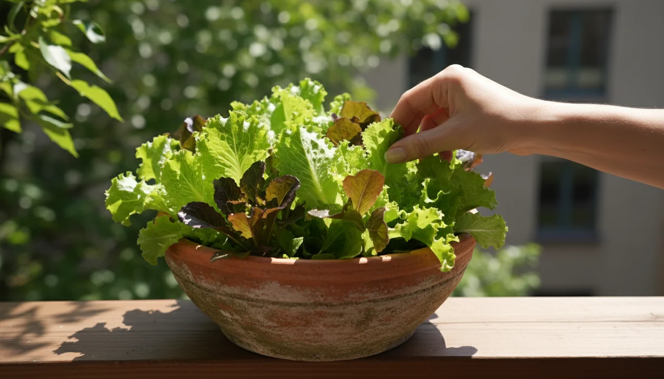 A hand gently plucking fresh green and red loose-leaf lettuce from a wide terracotta pot on a sunny balcony railing, showing a continuous harvest.