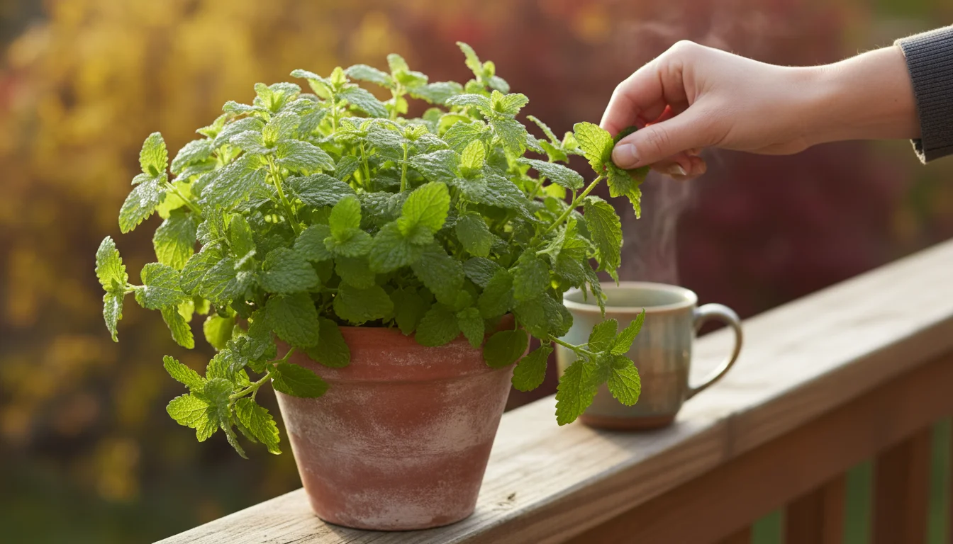 A close-up of a hand plucking fresh lemon balm leaves from a terracotta pot on a patio railing.